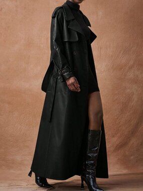 Black Elegant Women's Lapel Long Coat with Pockets